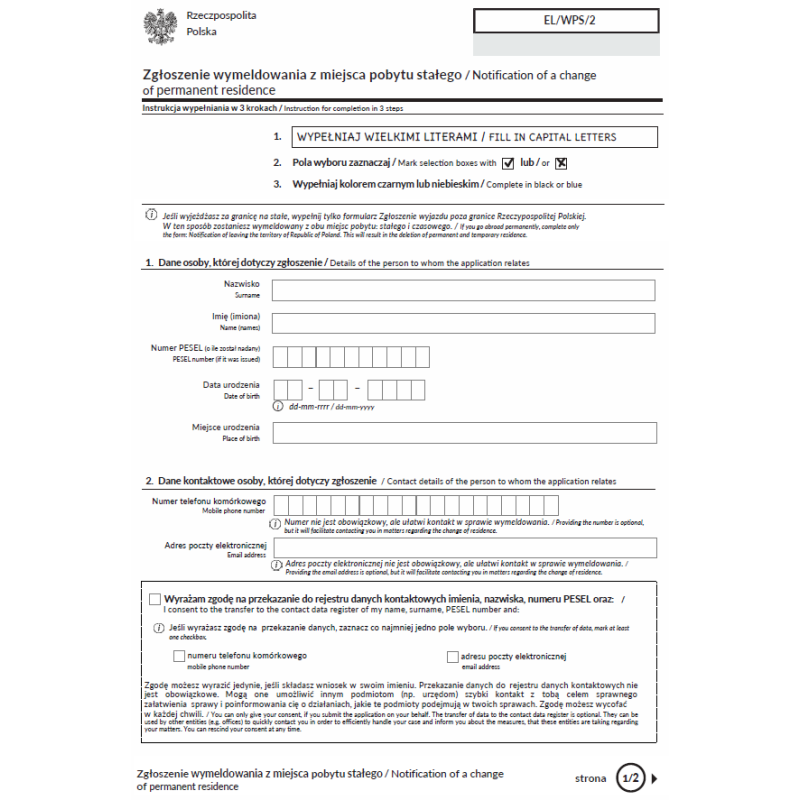 Zgłoszenie wymeldowania z miejsca pobytu stałego / Notification of a change of permanent residence