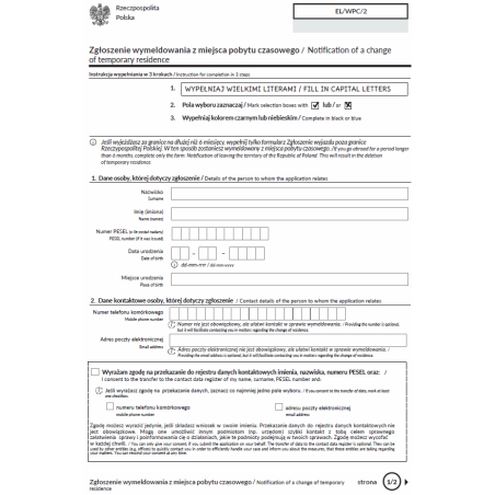 Zgłoszenie wymeldowania z miejsca pobytu czasowego / Notification of a change of temporary residence