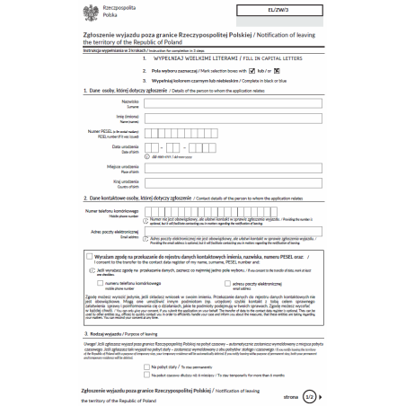 Zgłoszenie wyjazdu poza granice Rzeczypospolitej Polskiej / Notification of leaving the territory of the Republic of Poland