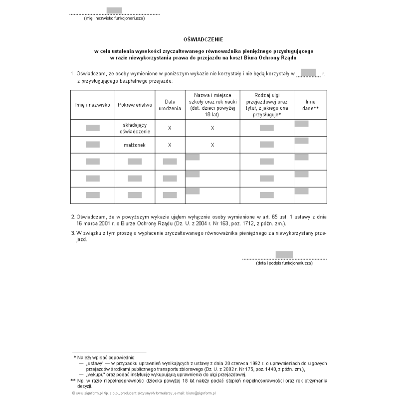 Oświadczenie w celu ustalenia wysokości zryczałtowanego równoważnika pieniężnego przysługującego w razie niewykorzystania prawa do przejazdu na koszt Biura Ochrony Rządu