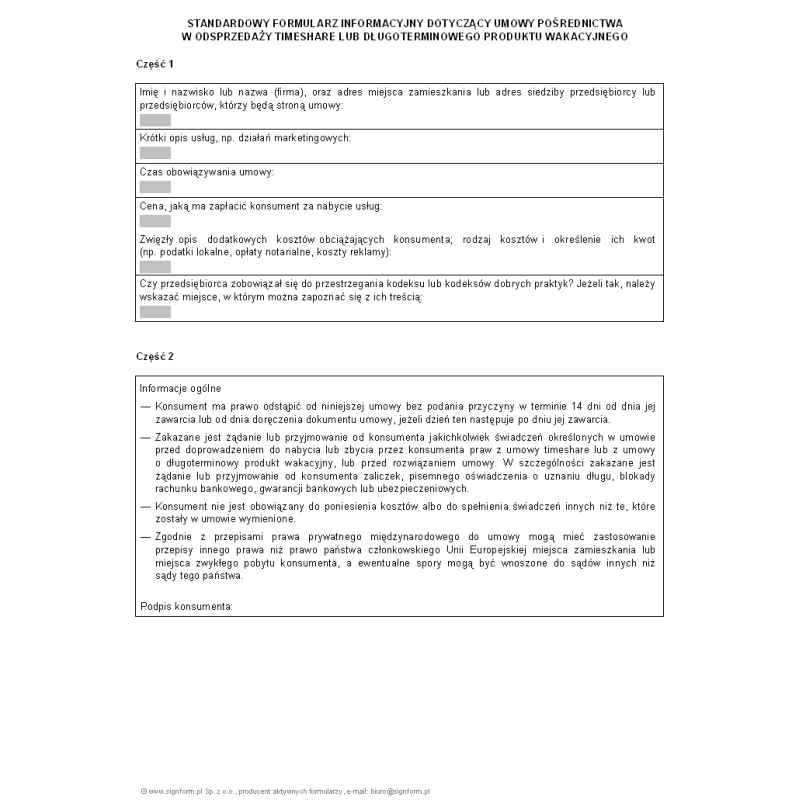 Standardowy formularz informacyjny dotyczący umowy pośrednictwa w odsprzedaży Timeshare lub długoterminowego produktu wakacyjnego
