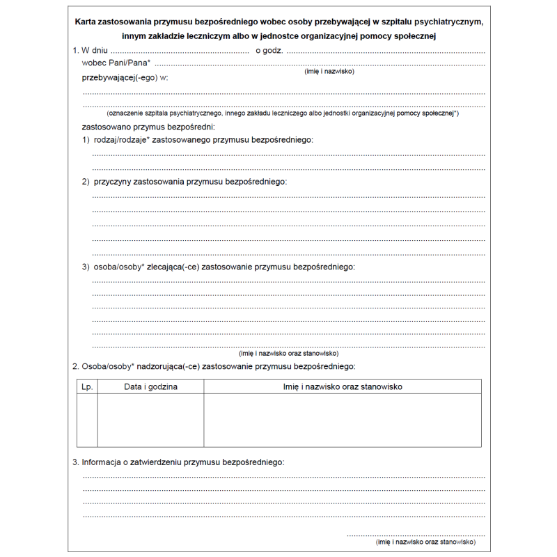 Karta zastosowania przymusu bezpośredniego wobec osoby przebywającej w szpitalu psychiatrycznym, innym zakładzie leczniczym albo w jednostce organizacyjnej pomocy społecznej