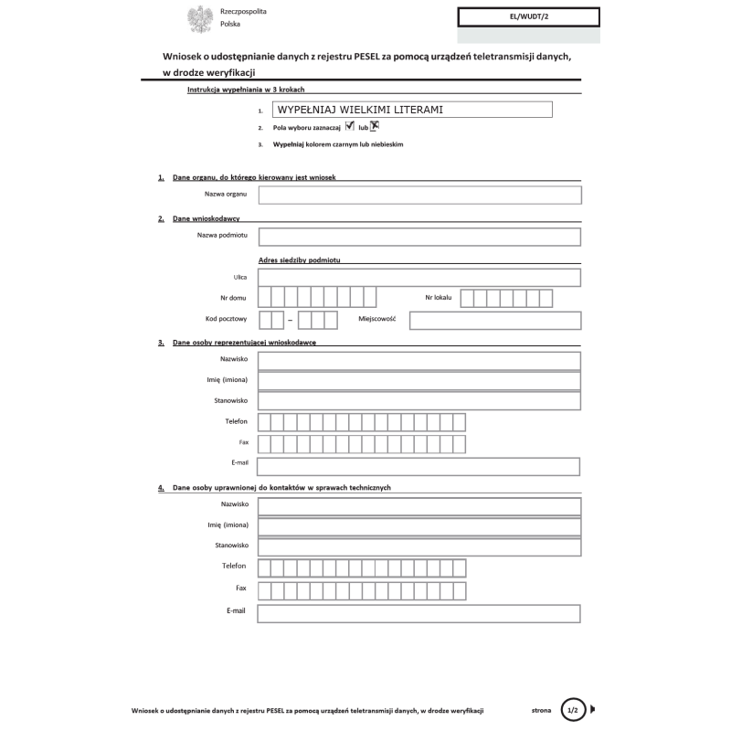 Wniosek o udostępnianie danych z rejestru PESEL za pomocą urządzeń teletransmisji danych, w drodze weryfikacji