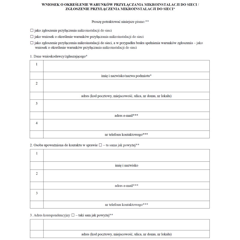 Wniosek o określenie warunków przyłączania mikroinstalacji do sieci / zgłoszenie przyłączenia mikroinstalacji do sieci