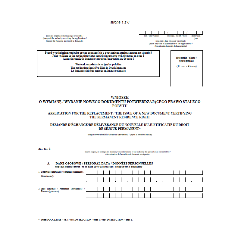 Wniosek o wymianę / wydanie nowego dokumentu potwierdzającego prawo stałego pobytu
