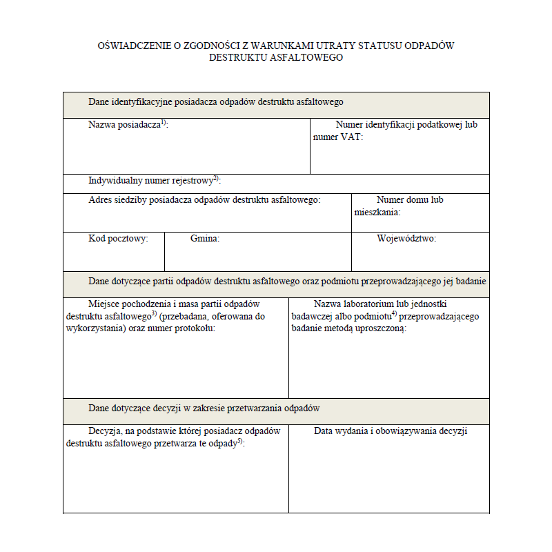 Oświadczenie o zgodności z warunkami utraty statusu odpadów destruktu asfaltowego