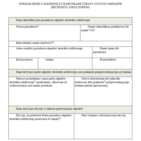 Oświadczenie o zgodności z warunkami utraty statusu odpadów destruktu asfaltowego