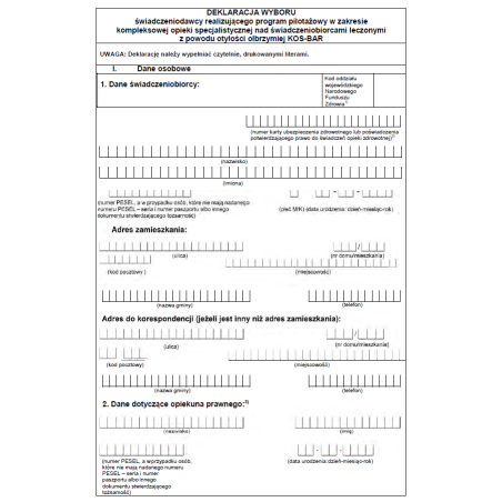 Karta KOS-BAR, Deklaracja wyboru świadczeniodawcy realizującego program pilotażowy w zakresie kompleksowej opieki specjalistycznej nad świadczeniobiorcami leczonymi z powodu otyłości olbrzymiej KOS-BAR