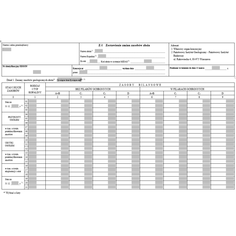 Z-1 Zestawienie zmian zasobów złoża
