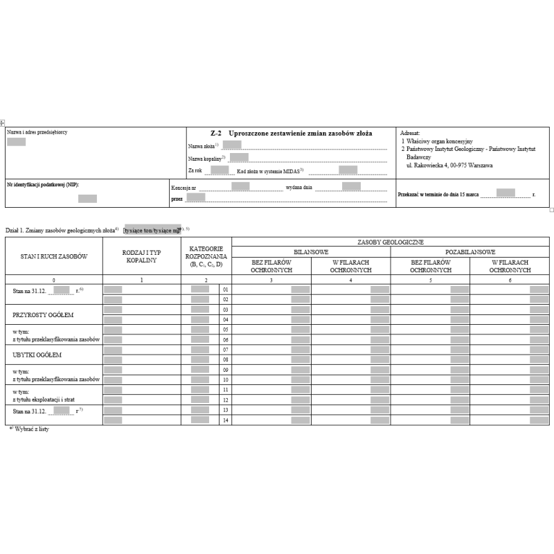 Z-2 Uproszczone zestawienie zmian zasobów złoża