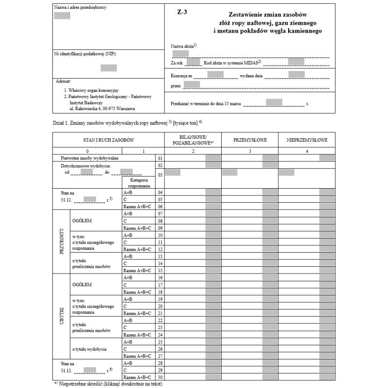 Z-3 Zestawienie zmian zasobów złóż ropy naftowej, gazu ziemnego i metanu pokładów węgla kamiennego