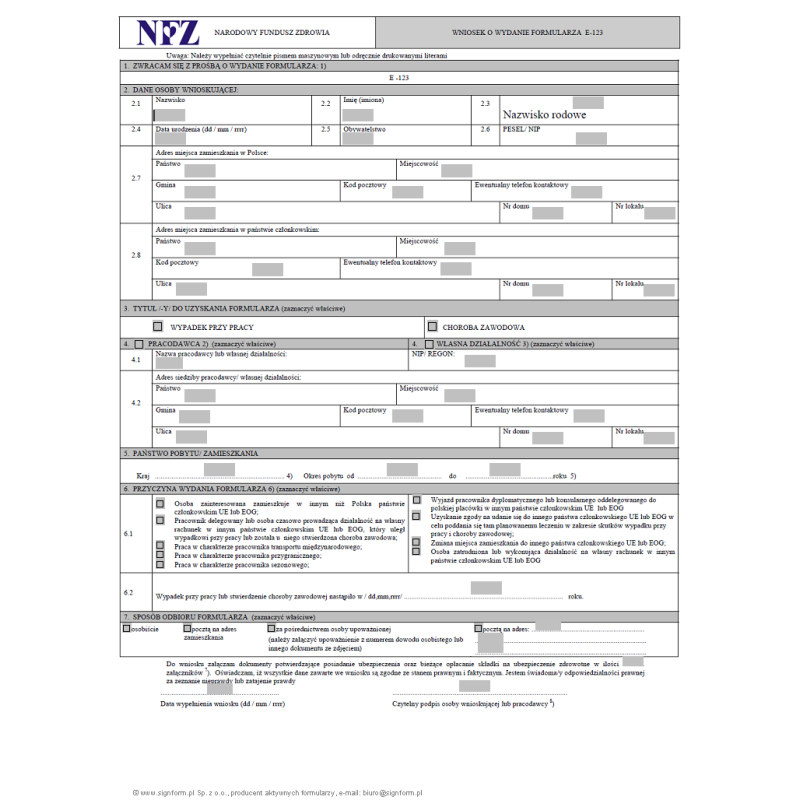 Wniosek o wydanie formularza E-123