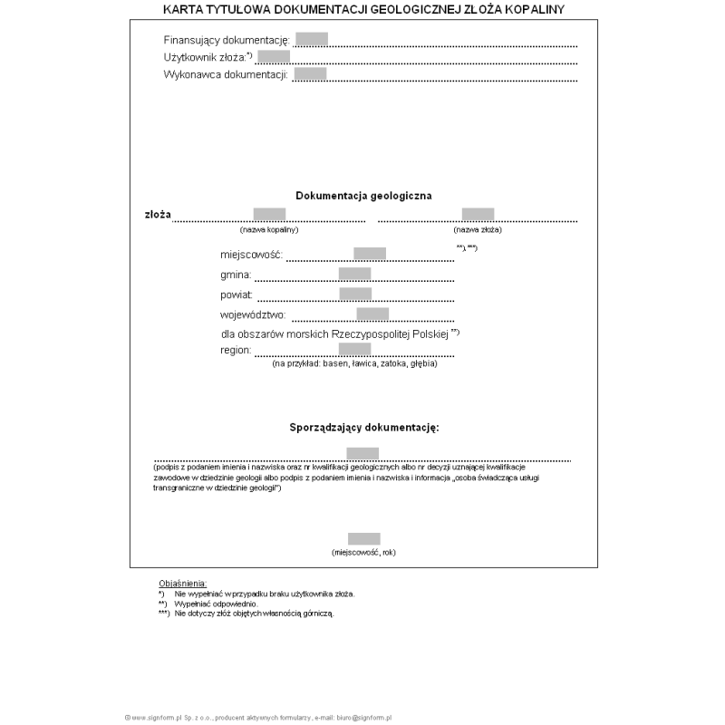 Karta tytułowa dokumentacji geologicznej złoża kopaliny