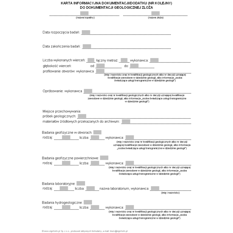 Karta informacyjna dokumentacji/dodatku (nr kolejny) do dokumentacji geologicznej złoża