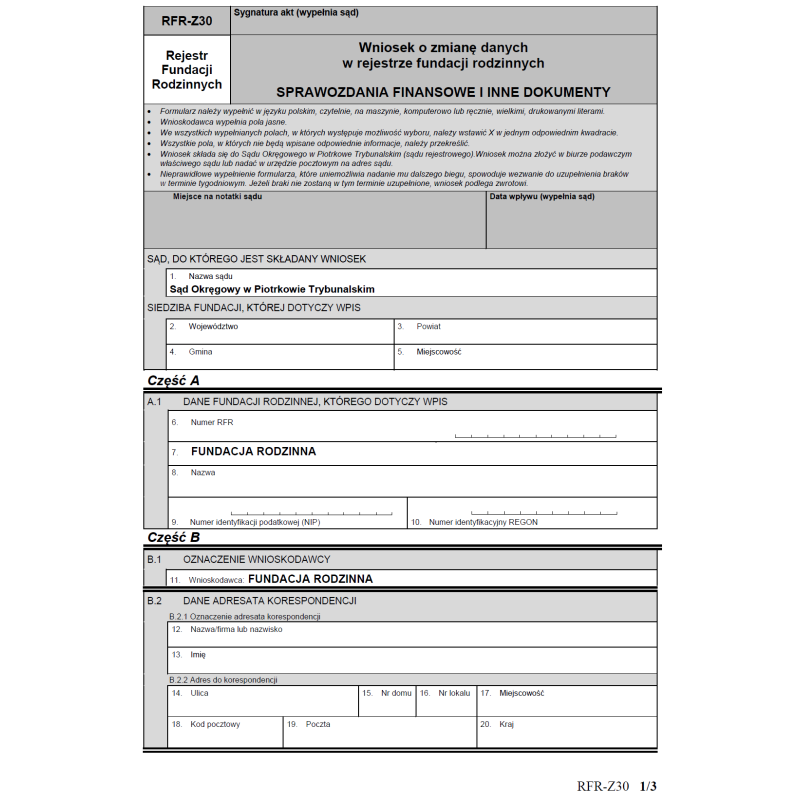 RFR-Z30 Wniosek o zmianę danych w rejestrze fundacji rodzinnych (Sprawozdania finansowe i inne dokumenty)