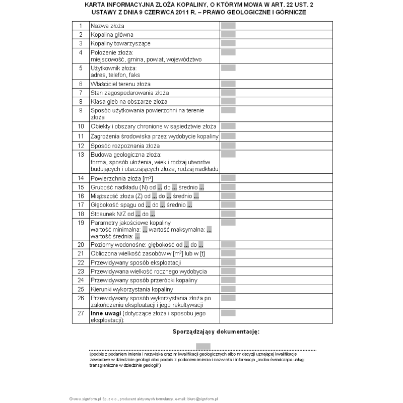 Karta informacyjna złoża kopaliny, o których mowa w art. 22 ust. 2 ustawy z dnia 9 czerwca 2011 r. - Prawo geologiczne i górnicze