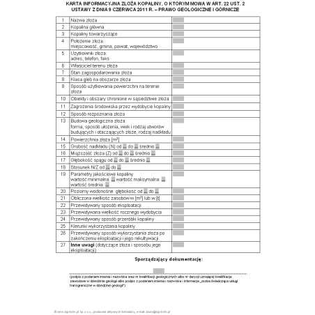 Karta informacyjna złoża kopaliny, o których mowa w art. 22 ust. 2 ustawy z dnia 9 czerwca 2011 r. - Prawo geologiczne i górnicze