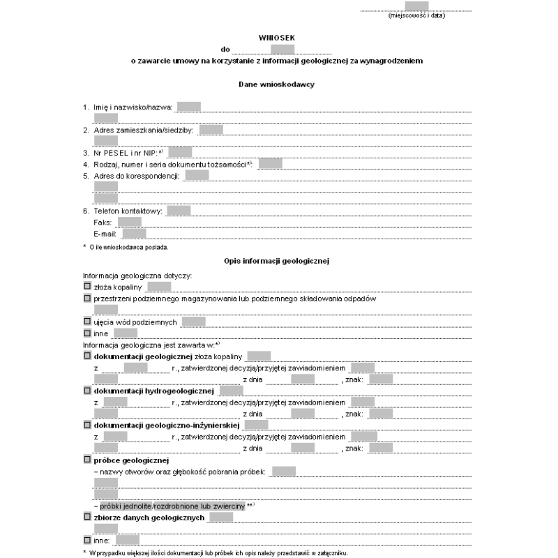 Wniosek o zawarcie umowy na korzystanie z informacji geologicznej za wynagrodzeniem