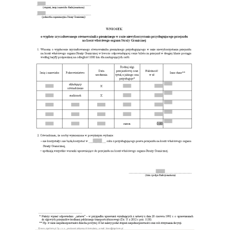 Wniosek o wypłatę zryczałtowanego równoważnika pieniężnego w razie niewykorzystania przysługującego przejazdu na koszt właściwego organu Straży Granicznej