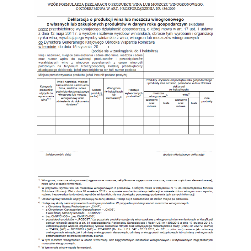 Deklaracja o produkcji wina lub moszczu winogronowego z własnych lub zakupionych produktów w danym roku gospodarczym