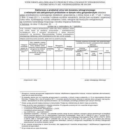Deklaracja o produkcji wina lub moszczu winogronowego z własnych lub zakupionych produktów w danym roku gospodarczym