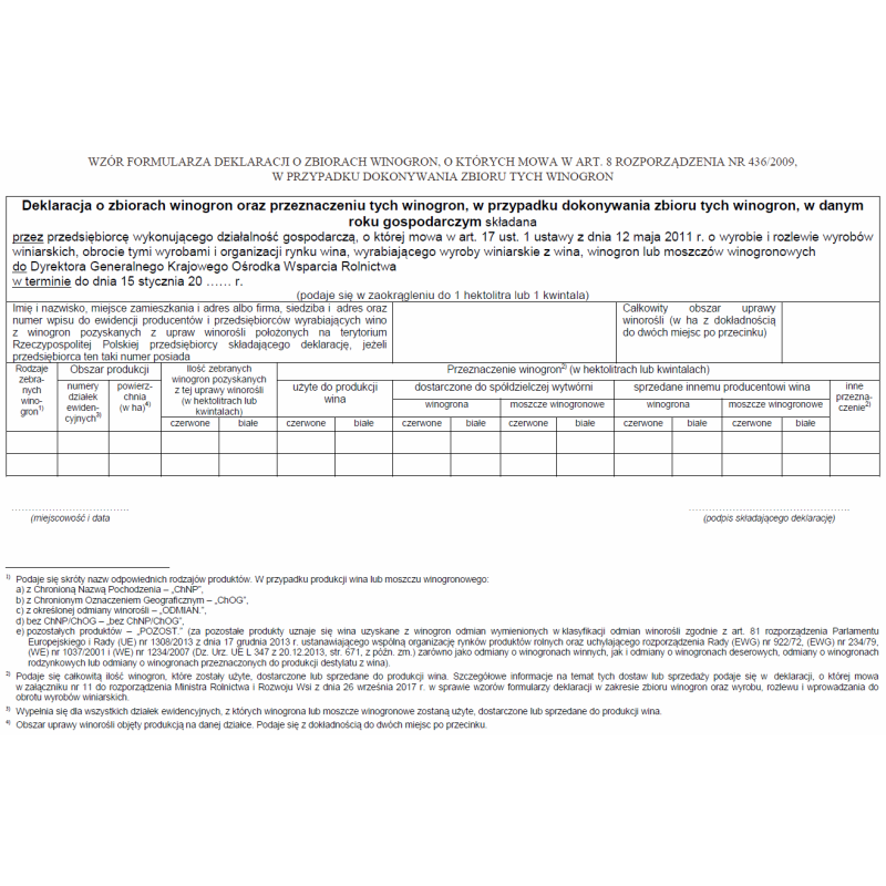 Deklaracja o zbiorach winogron oraz przeznaczeniu tych winogron, w przypadku dokonywania zbioru tych winogron, w danym roku gospodarczym