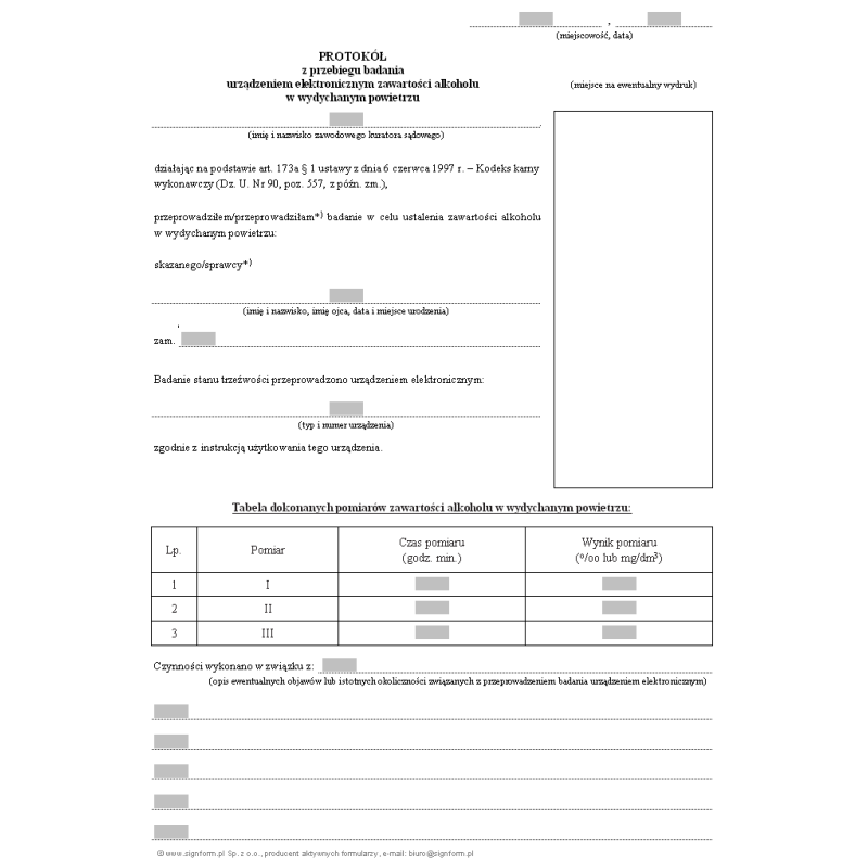 Protokół z przebiegu badania urządzeniem elektronicznym zawartości alkoholu w wydychanym powietrzu
