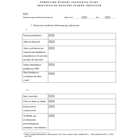 Formularz wniosku zgłoszenia znaku imiennego do rejestru znaków imiennych