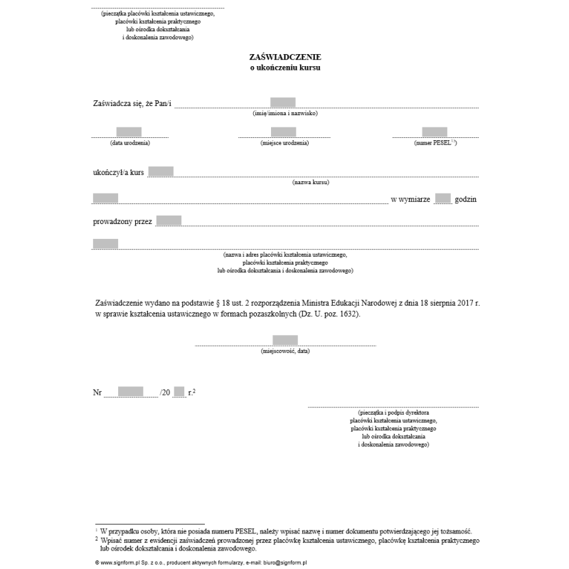 Zaświadczenie o ukończeniu kursu (kształcenie ustawiczne w formach pozaszkolnych)