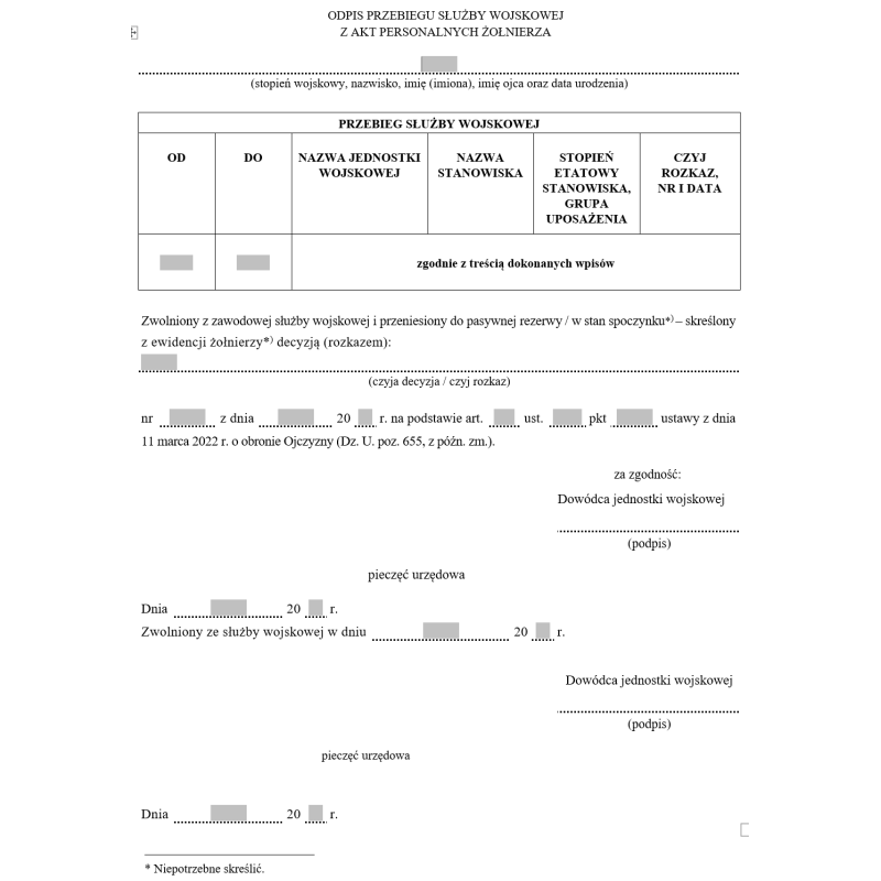 Odpis przebiegu służby wojskowej z akt personalnych żołnierza