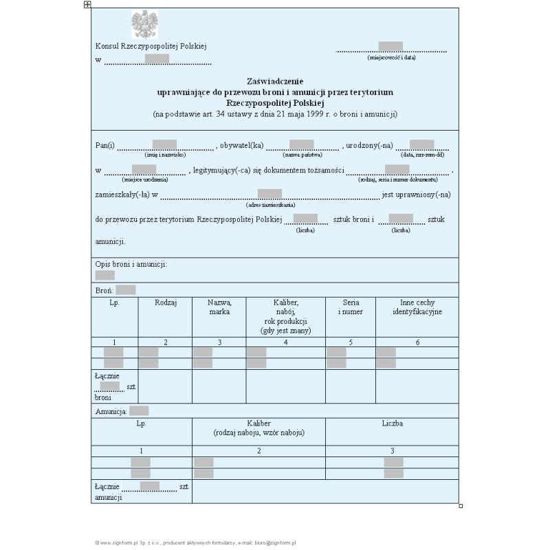 Zaświadczenie uprawniające do przewozu broni i amunicji przez terytorium Rzeczypospolitej Polskiej
