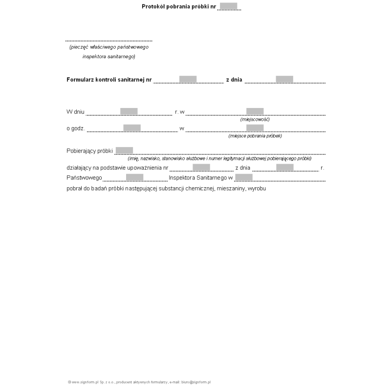 Protokół pobrania próbki i próbki kontrolnej substancji chemicznej i ich mieszanin
