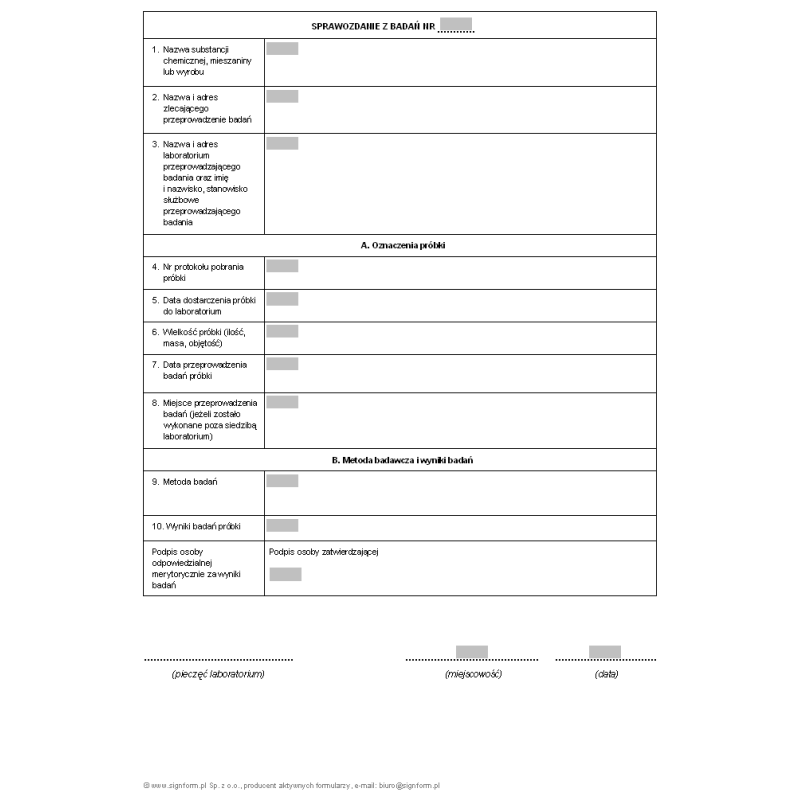 Sprawozdanie z badań próbki i próbki kontrolnej substancji chemicznej i ich mieszanin