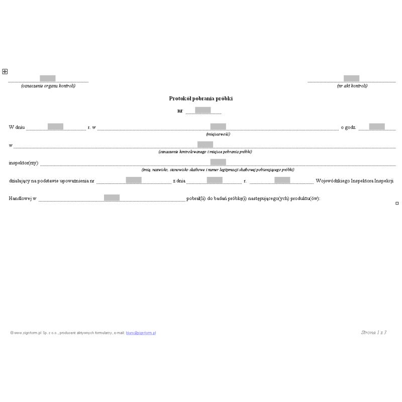 Protokół pobrania próbki produktu przez organ Inspekcji Handlowej
