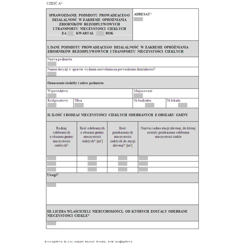 Sprawozdanie kwartalne podmiotu prowadzącego działalność w zakresie opróżniania zbiorników bezodpływowych i transportu nieczystości ciekłych