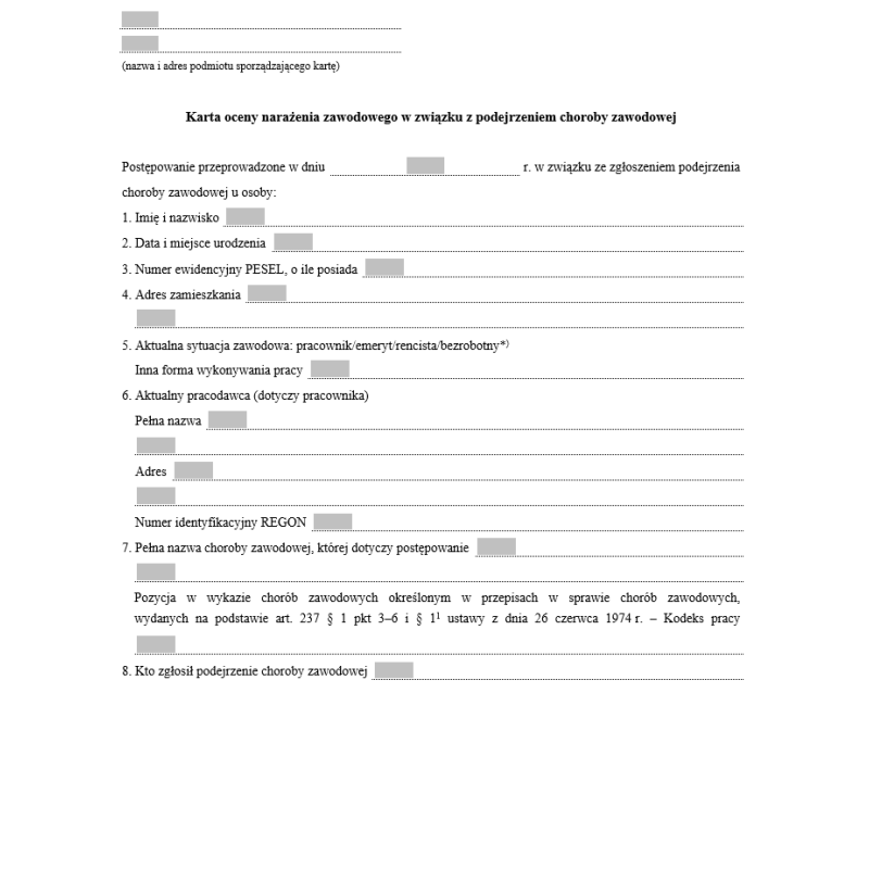 Karta oceny narażenia zawodowego w związku z podejrzeniem choroby zawodowej