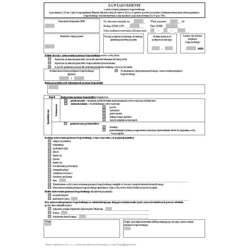 Zawiadomienie o zastosowaniu przymusu bezpośredniego na podstawie § 16 ust. 1 pkt 6 rozporządzenia Ministra Zdrowia z dnia 28 czerwca 2012 r.