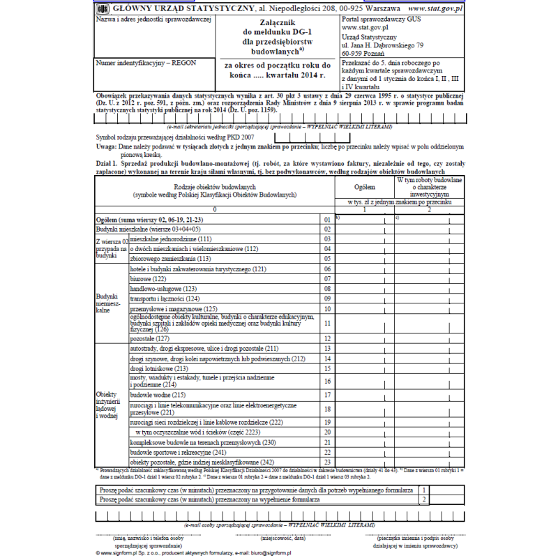 Załącznik do meldunku DG-1 dla przedsiębiorstw budowlanych