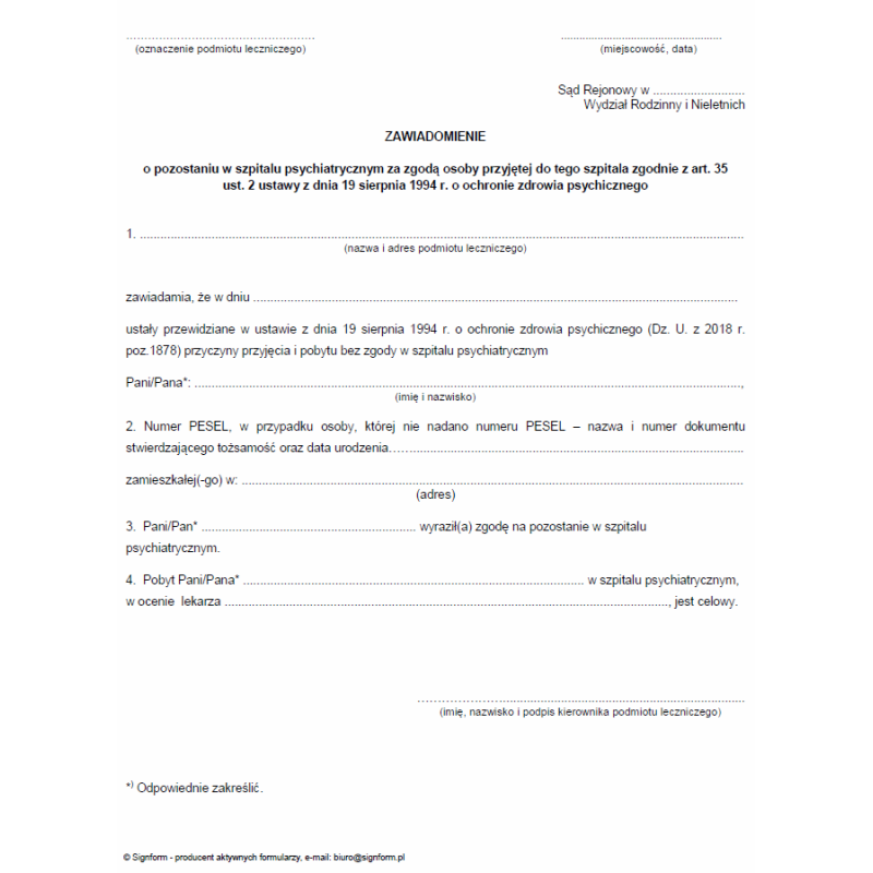 Zawiadomienie o pozostaniu w szpitalu psychiatrycznym za zgodą osoby przyjętej do tego szpitala