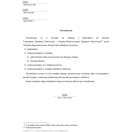 Oświadczenie członka zespołu egzaminacyjnego do złożenia LEK/LDEK