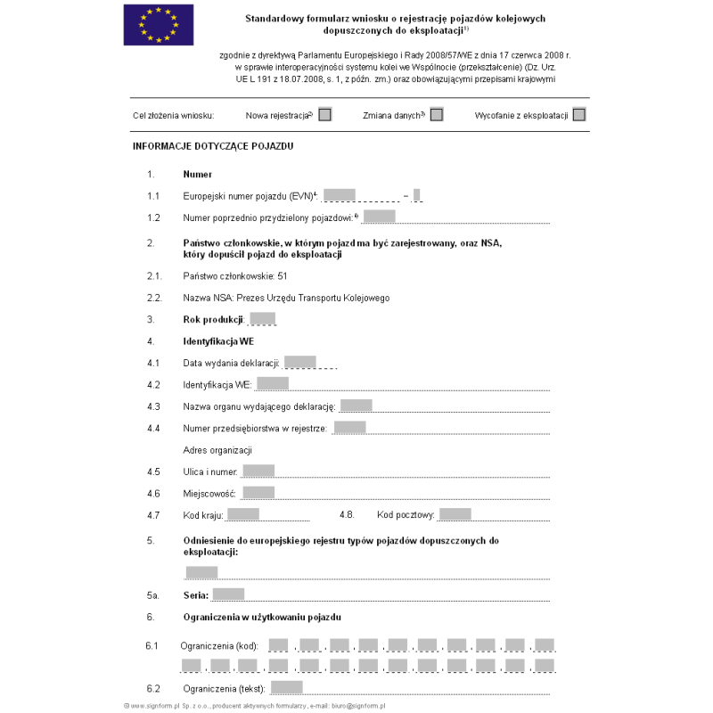 Standardowy formularz wniosku o rejestrację pojazdów kolejowych dopuszczonych do eksploatacji