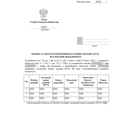 Raport z nadania europejskiego numeru pojazdu (EVN) dla pojazdu kolejowego