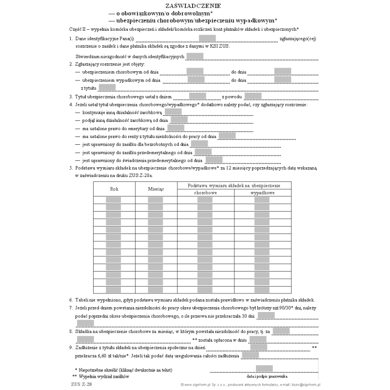 ZUS Z-28 Zaświadczenie o obowiązkowym/o dobrowolnym ubezpieczeniu chorobowym/ubezpieczeniu wypadkowym