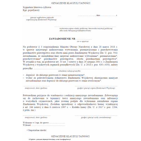 Zawiadomienie w sprawie niejawnego nadzorowania wytwarzania, przemieszczania i przechowywania przedmiotów przestępstwa oraz obrotu nimi przez Żandarmerię Wojskową