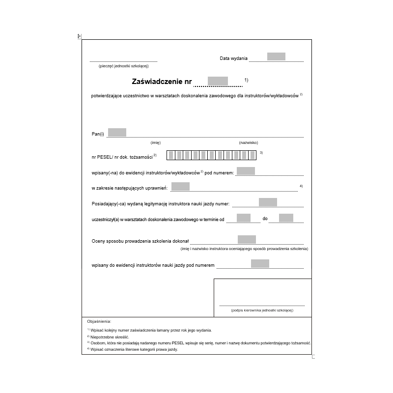 Zaświadczenie potwierdzające uczestnictwo w warsztatach doskonalenia zawodowego instruktorów / wykładowców