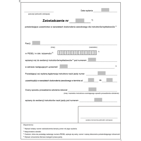 Zaświadczenie potwierdzające uczestnictwo w warsztatach doskonalenia zawodowego instruktorów / wykładowców