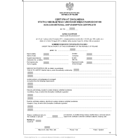 Certyfikat zwolnienia statku nieobjętego umowami międzynarodowymi (Non-conventional ship exemption certificate)