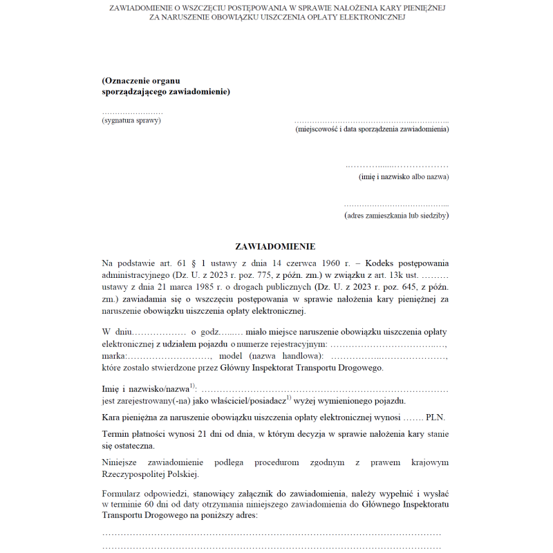 Zawiadomienie o wszczęciu postępowania w sprawie nałożenia kary pieniężnej za naruszenie obowiązku uiszczenia opłaty elektronicznej
