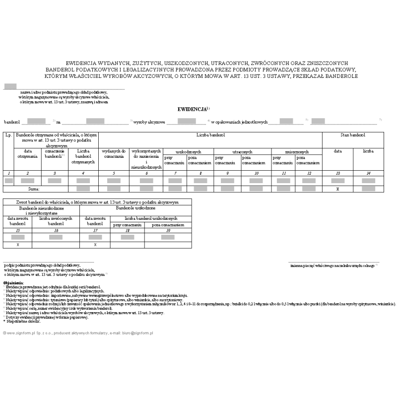 Ewidencja wydanych, zużytych, uszkodzonych, utraconych, zwróconych oraz zniszczonych banderol podatkowych i legalizacyjnych prowadzona przez podmioty prowadzące skład podatkowy, którym właściciel wyrobów akcyzowych przekazał banderole