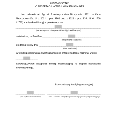 Zaświadczenie o akceptacji kandydata na stopień nauczyciela dyplomowanego przez komisję kwalifikacyjną